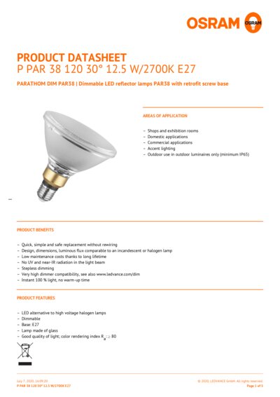 Osram parathom e27 store par38 12.5 w