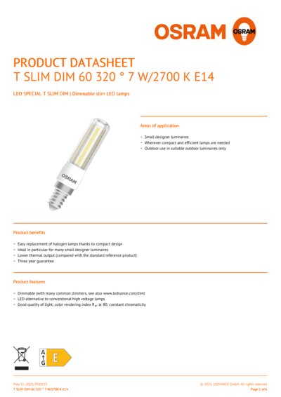 Osram Special T Slim LED E14 Clear 8W 806lm - 827 Extra Warm White, Replaces 60W