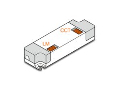 Light color or lumen can be selected either on the driver or on the luminaire; symbolic image. 