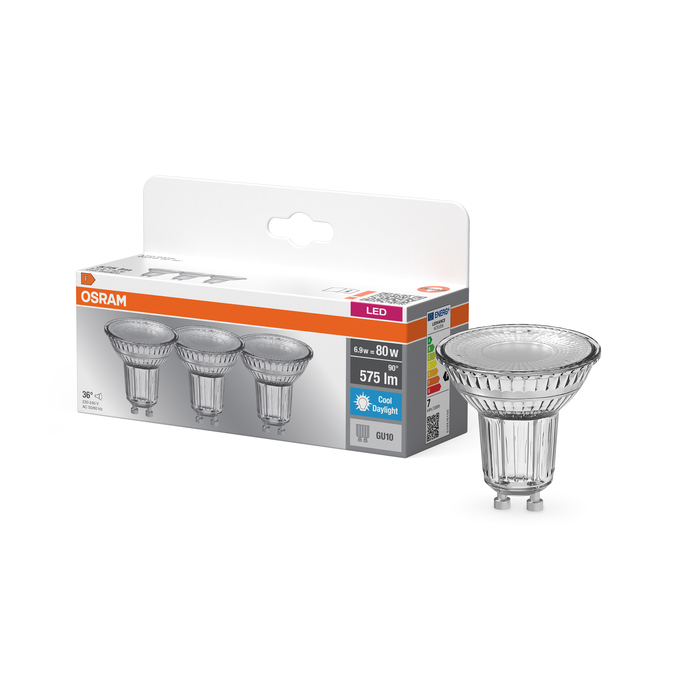 LED Base PAR16 80 36° 6.9W 865 GU10 Combo Shot = Product Beauty Shot + Packaging Image