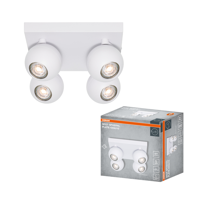 LED SPOT SPHERAL WHITE 4XGU10 PLATE Kombinált felvétel = Szép kép a termékről + kép a csomagolásról