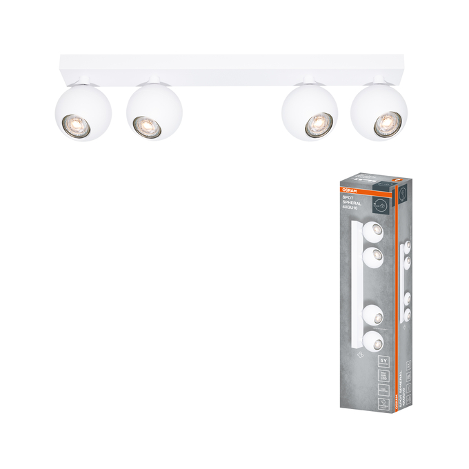LED SPOT SPHERAL WHITE 4XGU10 Kombinált felvétel = Szép kép a termékről + kép a csomagolásról