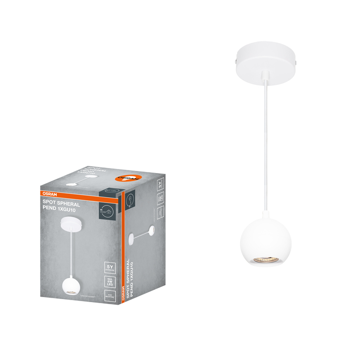 LED SPOT SPHERAL WHITE 1XGU10 PENDANT Kombinált felvétel = Szép kép a termékről + kép a csomagolásról