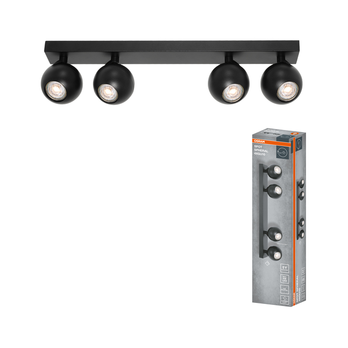LED SPOT SPHERAL BLACK 4XGU10 Kombinált felvétel = Szép kép a termékről + kép a csomagolásról