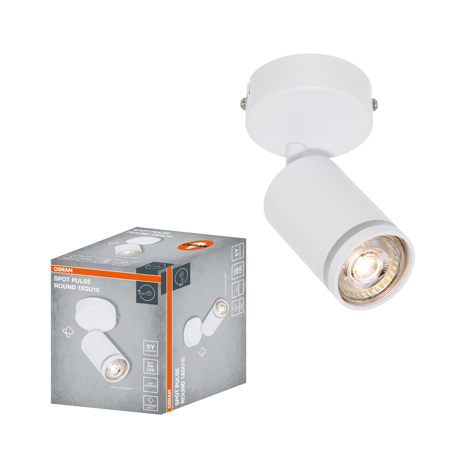 LED SPOT PULSE WHITE 1XGU10 ROUND Kombinált felvétel = Szép kép a termékről + kép a csomagolásról