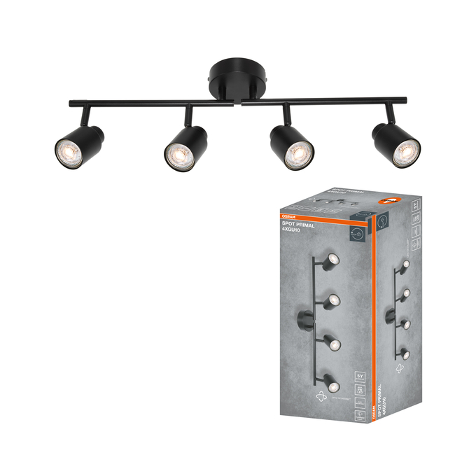 LED SPOT PRIMAL 4XGU10 BLACK Kombinált felvétel = Szép kép a termékről + kép a csomagolásról