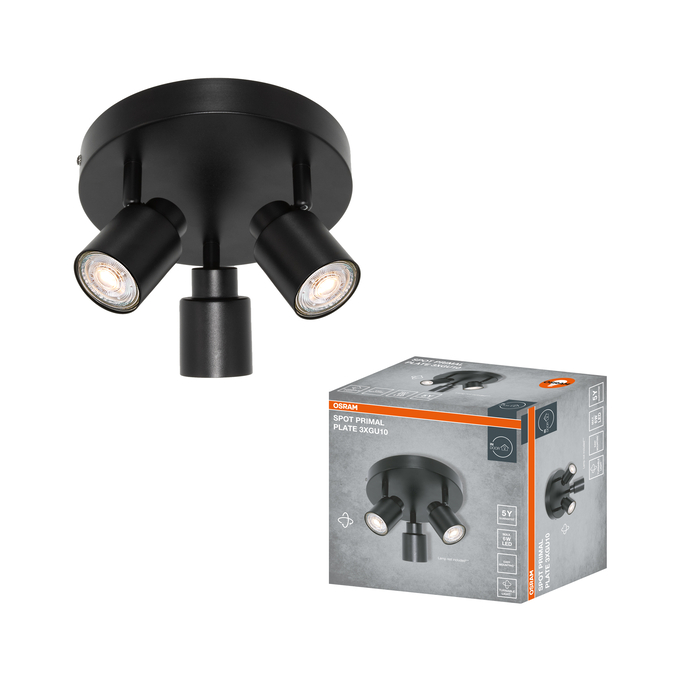 LED SPOT PRIMAL 3XGU10 PLATE BLACK Kombinált felvétel = Szép kép a termékről + kép a csomagolásról