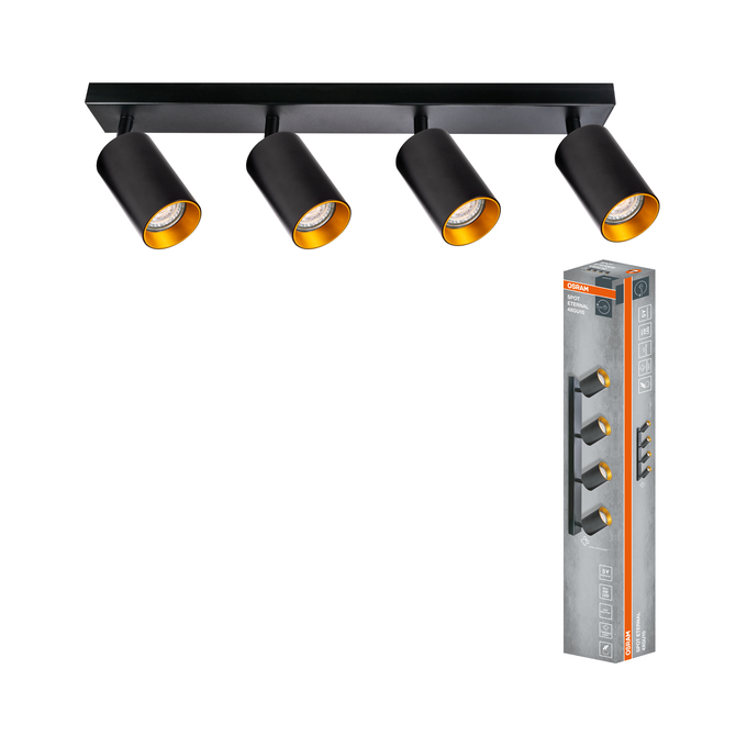 LED SPOT ETERNAL BLACK AND GOLD 4XGU10 Kombinált felvétel = Szép kép a termékről + kép a csomagolásról