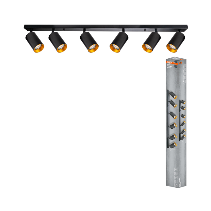 LED SPOT ETERNAL BLACK AND GOLD 6XGU10 Kombinált felvétel = Szép kép a termékről + kép a csomagolásról