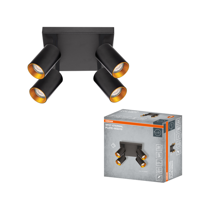 LED SPOT ETERNAL BLACK AND GOLD 4XGU10 PLATE Kombinált felvétel = Szép kép a termékről + kép a csomagolásról