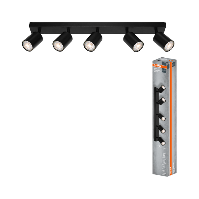 LED SPOT ELEMENTAL 5XGU10 BLACK Kombinált felvétel = Szép kép a termékről + kép a csomagolásról