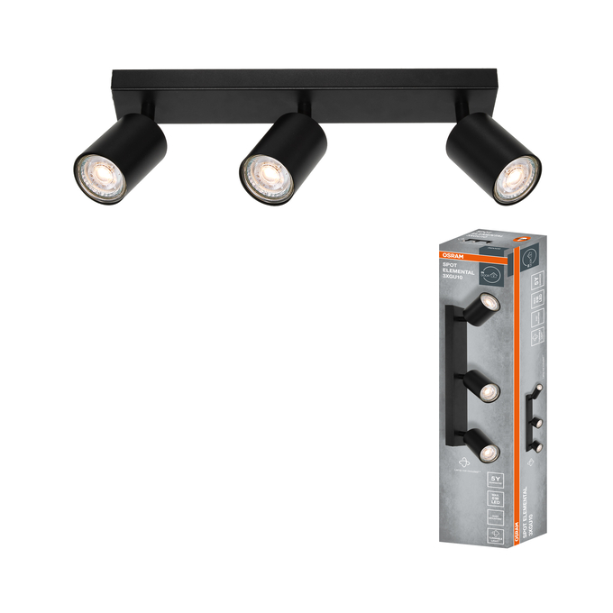 LED SPOT ELEMENTAL 3XGU10 BLACK Kombinált felvétel = Szép kép a termékről + kép a csomagolásról