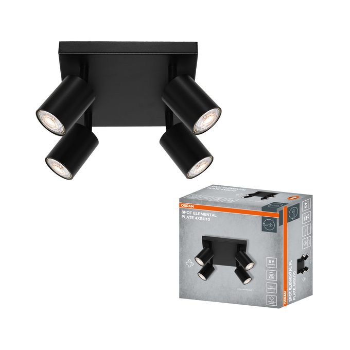 LED SPOT ELEMENTAL 4XGU10 PLATE BLACK Kombinált felvétel = Szép kép a termékről + kép a csomagolásról