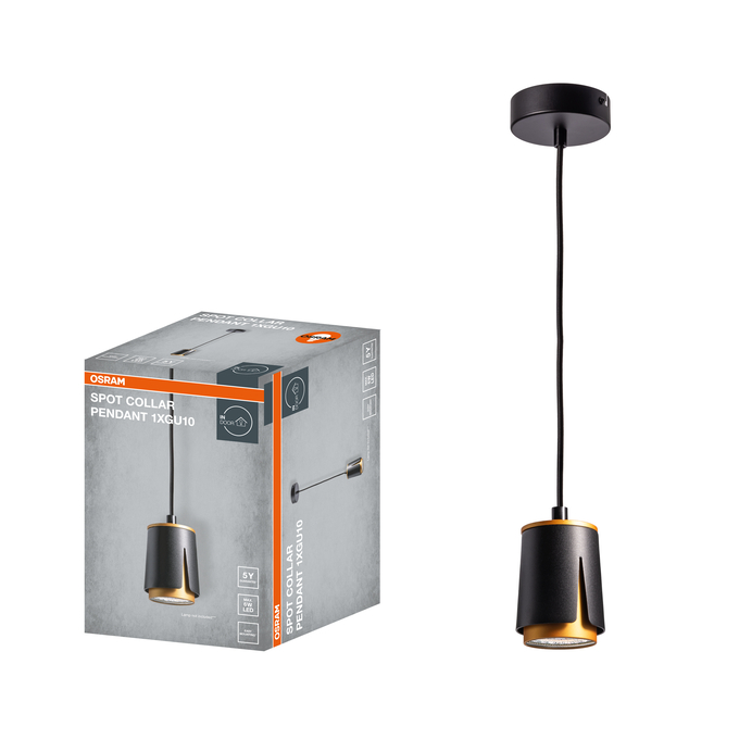 LED SPOT COLLAR BLACK AND GOLD 1XGU10 PENDANT Kombinált felvétel = Szép kép a termékről + kép a csomagolásról