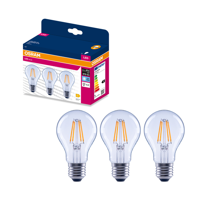 LED Classic A 40 Filament  4.2W 4000K Clear E27 Συνδυαστική βολή = Προϊόν Beauty Shot + Εικόνα συσκευασίας