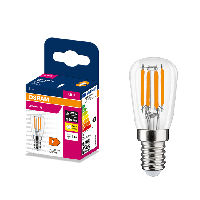LED T26 25 Filament 2.8W 2700K Clear E14 Fotografie combinată = Fotografiede prezentare + Imagine cu ambalaj