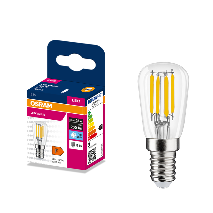 LED T26 25 Filament 2.8W 4000K Clear E14 Fotografie combinată = Fotografiede prezentare + Imagine cu ambalaj
