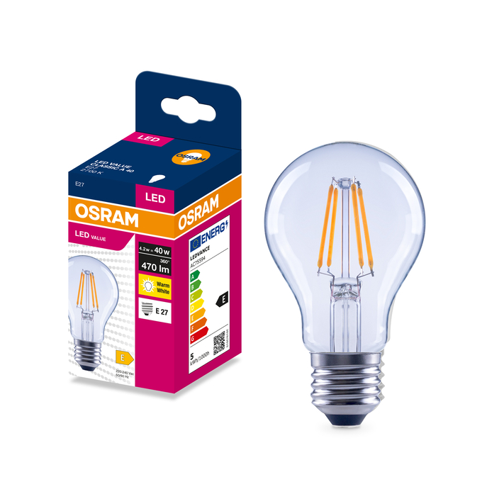LED Classic A 40 Filament  4.2W 2700K Clear E27 Fotografie combinată = Fotografiede prezentare + Imagine cu ambalaj