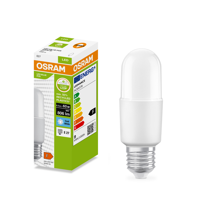 LED Recycled Plastic STICK 60 8.5W/4000K E27 Fotografie combinată = Fotografiede prezentare + Imagine cu ambalaj