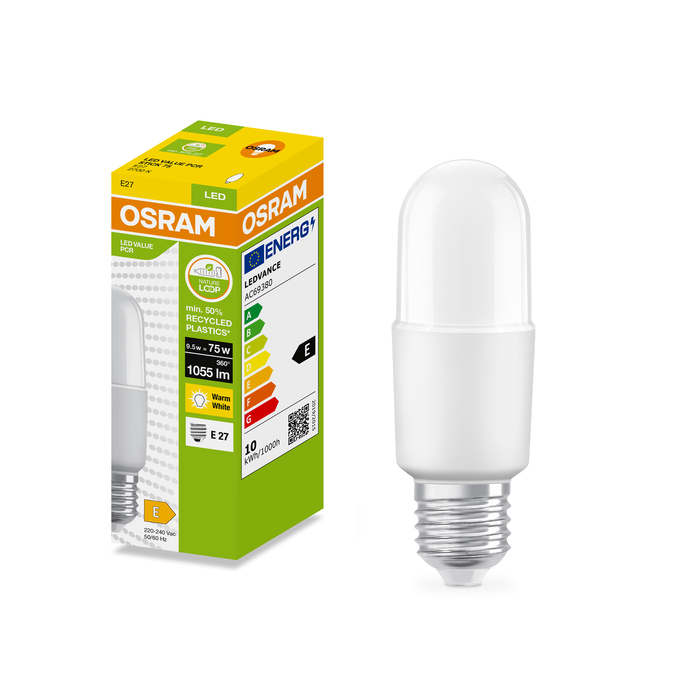LED Recycled Plastic STICK 75 9.5W/2700K E27 Fotografie combinată = Fotografiede prezentare + Imagine cu ambalaj