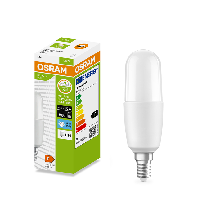 LED Recycled Plastic STICK 60 8.5W/4000K E14 Fotografie combinată = Fotografiede prezentare + Imagine cu ambalaj