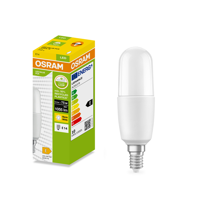 LED Recycled Plastic STICK 75 9.5W/2700K E14 Fotografie combinată = Fotografiede prezentare + Imagine cu ambalaj