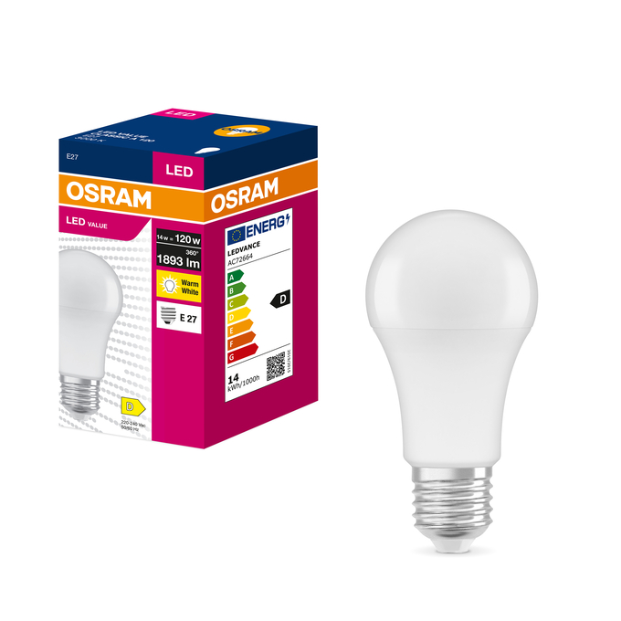 LED VALUE CLAS A 120  14W/3000K E27 Fotografie combinată = Fotografiede prezentare + Imagine cu ambalaj
