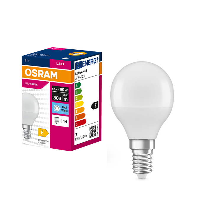 LED VALUE CLAS P 60  6.5 W/4000 K E14  Fotografie combinată = Fotografiede prezentare + Imagine cu ambalaj