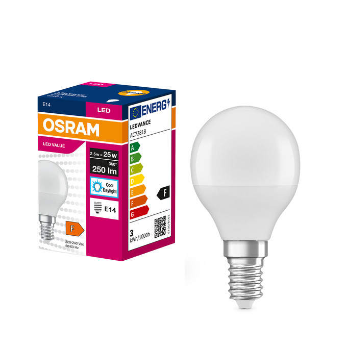 LED VALUE CLAS P 25  2.5W/6500K E14 Fotografie combinată = Fotografiede prezentare + Imagine cu ambalaj