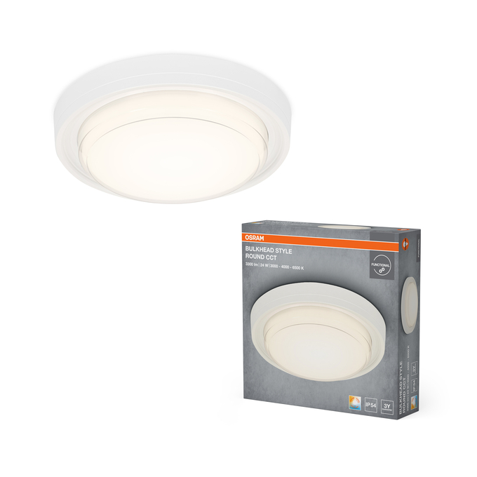 LED Bulkhead Style Round 24W CCT White Combinatiefoto = Product Beauty Shot + Verpakkingsafbeelding