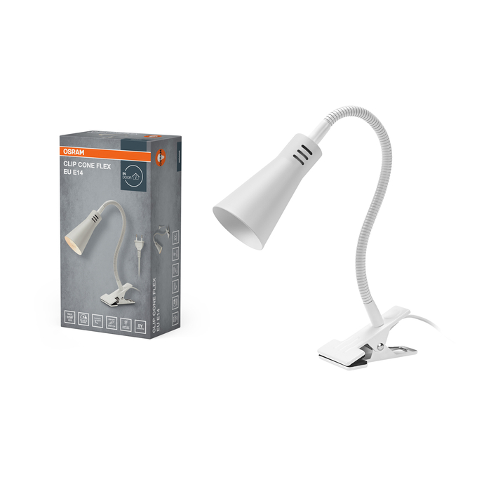 Clip Cone Flex E14 White EU Plug Kombinált felvétel = Szép kép a termékről + kép a csomagolásról