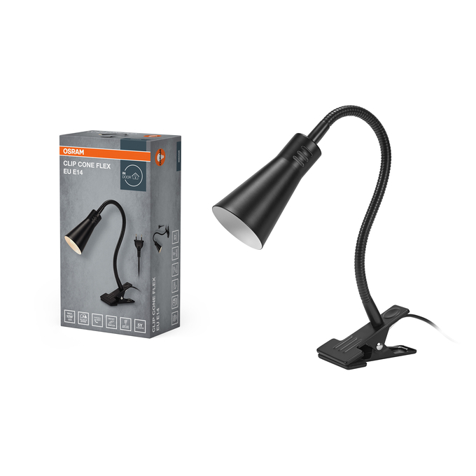 Clip Cone Flex E14 Black EU Plug Kombinált felvétel = Szép kép a termékről + kép a csomagolásról