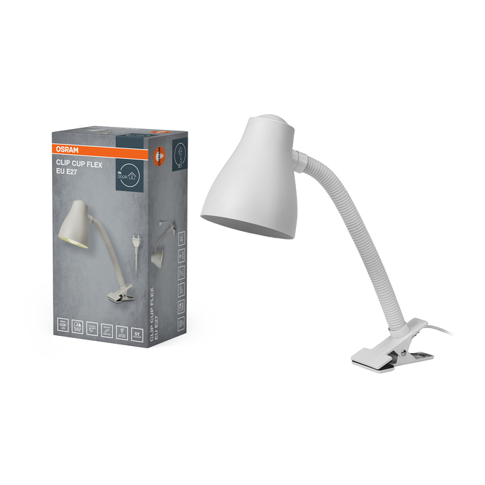 Clip Cup Flex E27 White EU Plug Kombinált felvétel = Szép kép a termékről + kép a csomagolásról