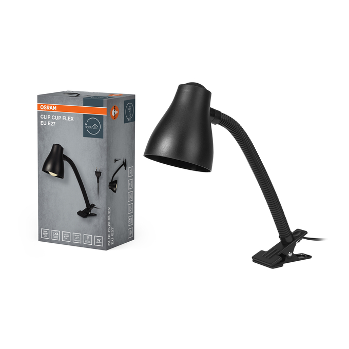 Clip Cup Flex E27 Black EU Plug Kombinált felvétel = Szép kép a termékről + kép a csomagolásról