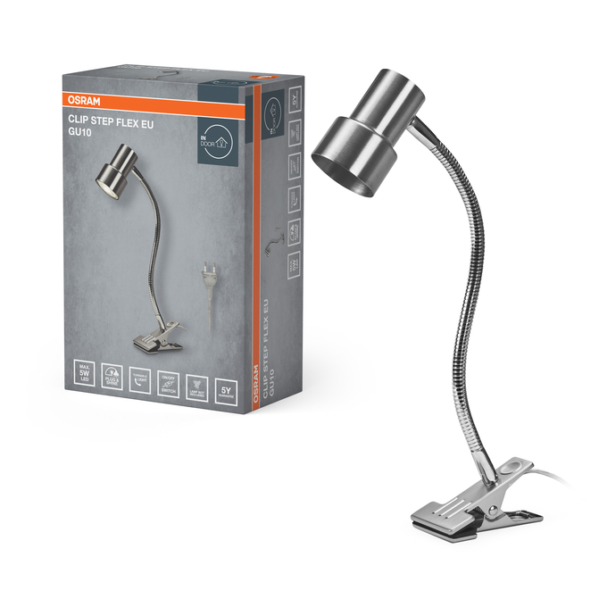 Clip Step Flex GU10 Satin Nickel EU Plug Kombinált felvétel = Szép kép a termékről + kép a csomagolásról