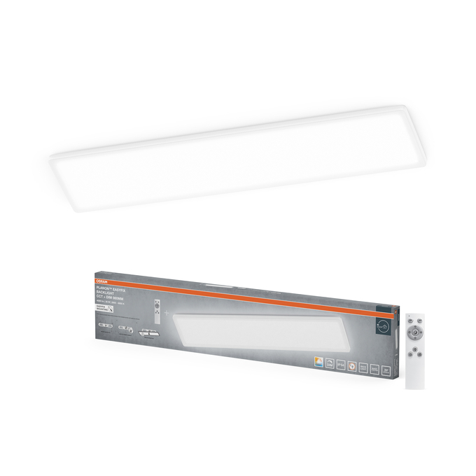 Planon Easyfix 980mm 30W CCT DIM IP54 White Remote Control Kombinált felvétel = Szép kép a termékről + kép a csomagolásról
