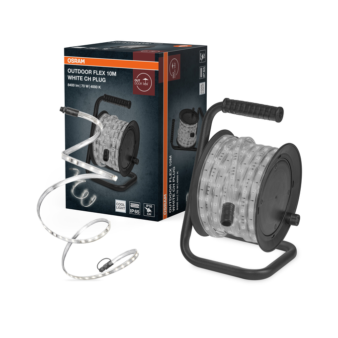 Outdoor Flex IP65 840 CH Plug 10m Photo combinée = photo de la beauté du produit + image de l'emballage