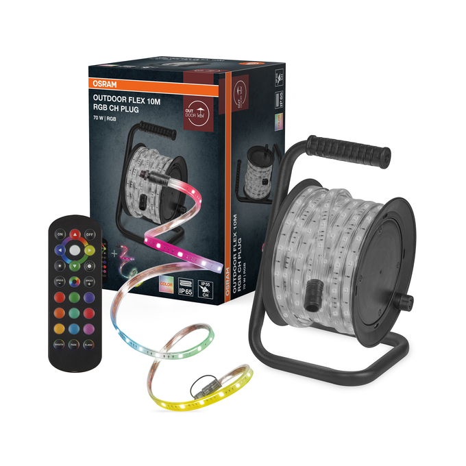 Outdoor Flex IP65 RGB CH Plug 10m Remote Control Photo combinée = photo de la beauté du produit + image de l'emballage