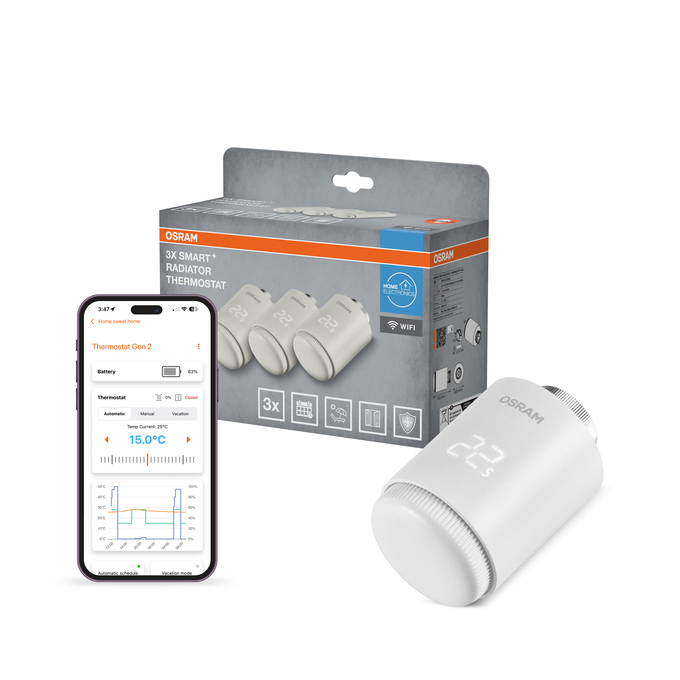 SMART+ WIFI Radiator Thermostat White Triple Pack Kombinált felvétel = Szép kép a termékről + kép a csomagolásról