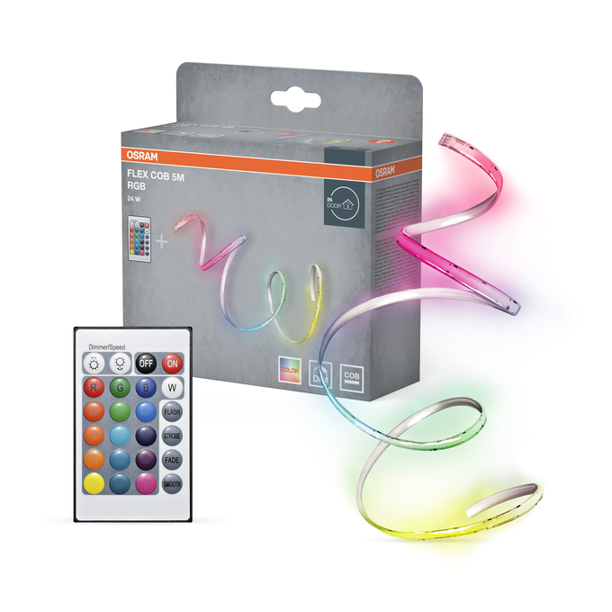 Flex Strip COB 5m RGB Remote Control Combinatiefoto = Product Beauty Shot + Verpakkingsafbeelding