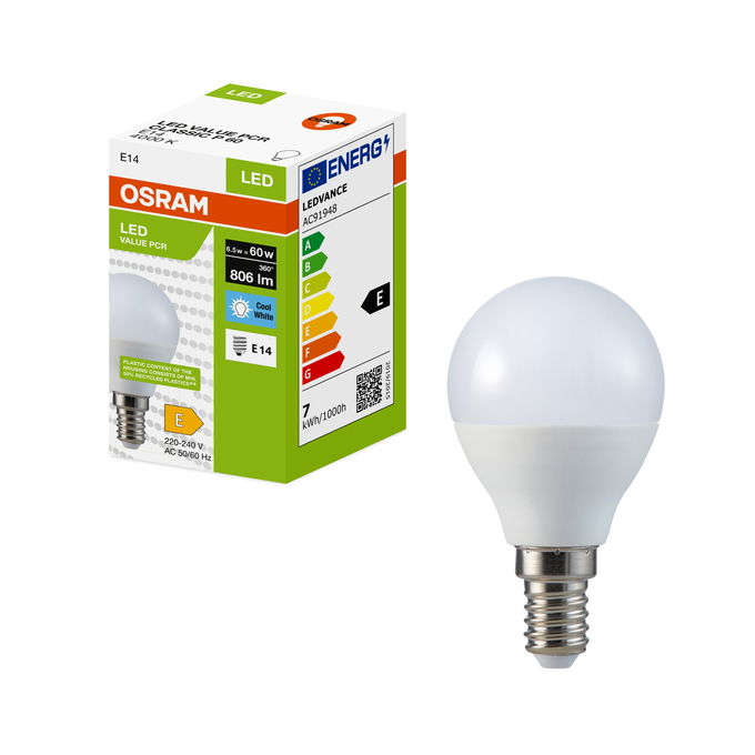 LED Recycled Plastic Classic P 60 6.5W/4000K E14 Fotografie combinată = Fotografiede prezentare + Imagine cu ambalaj