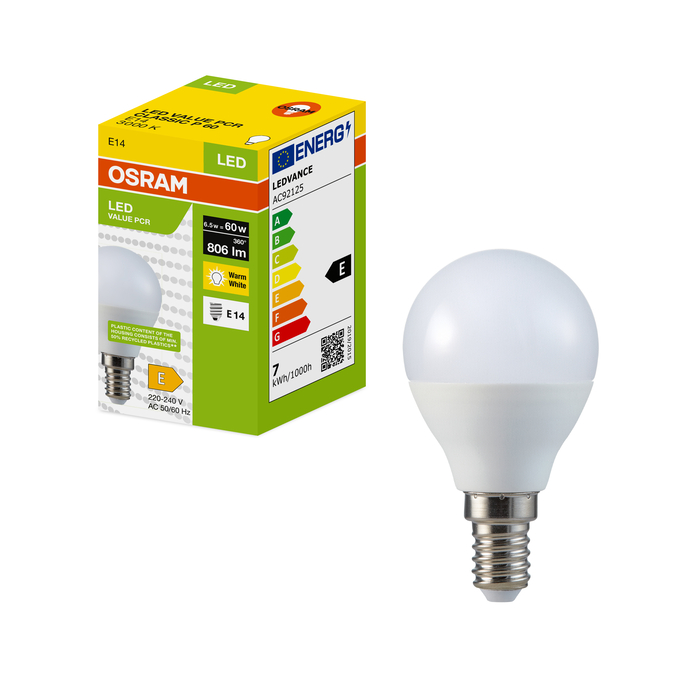 LED Recycled Plastic Classic P 60 6.5W/3000K E14 Fotografie combinată = Fotografiede prezentare + Imagine cu ambalaj