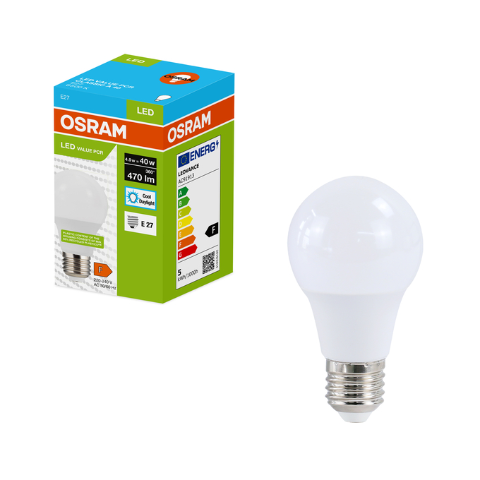 LED Recycled Plastic Classic A 40 4.9W/6500K E27 Fotografie combinată = Fotografiede prezentare + Imagine cu ambalaj