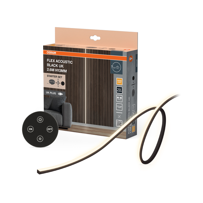 Flex Acoustic Black 2.6M H13 mm 830 UK Starter Set Remote Control Combo Shot = Product Beauty Shot + Packaging Image