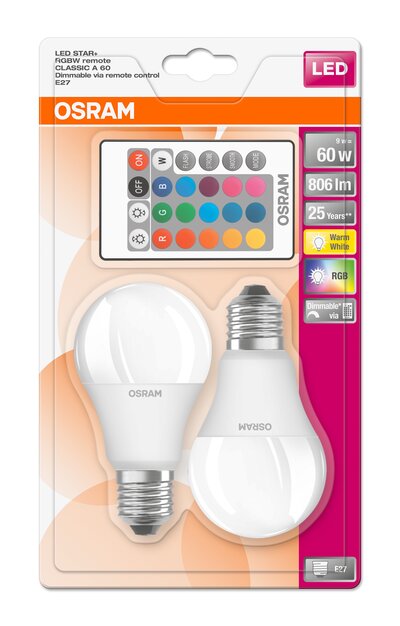 Lámpara standard Led Retrofit 2700°K + RGB con mando a distancia 9W 806Lm  (Osram