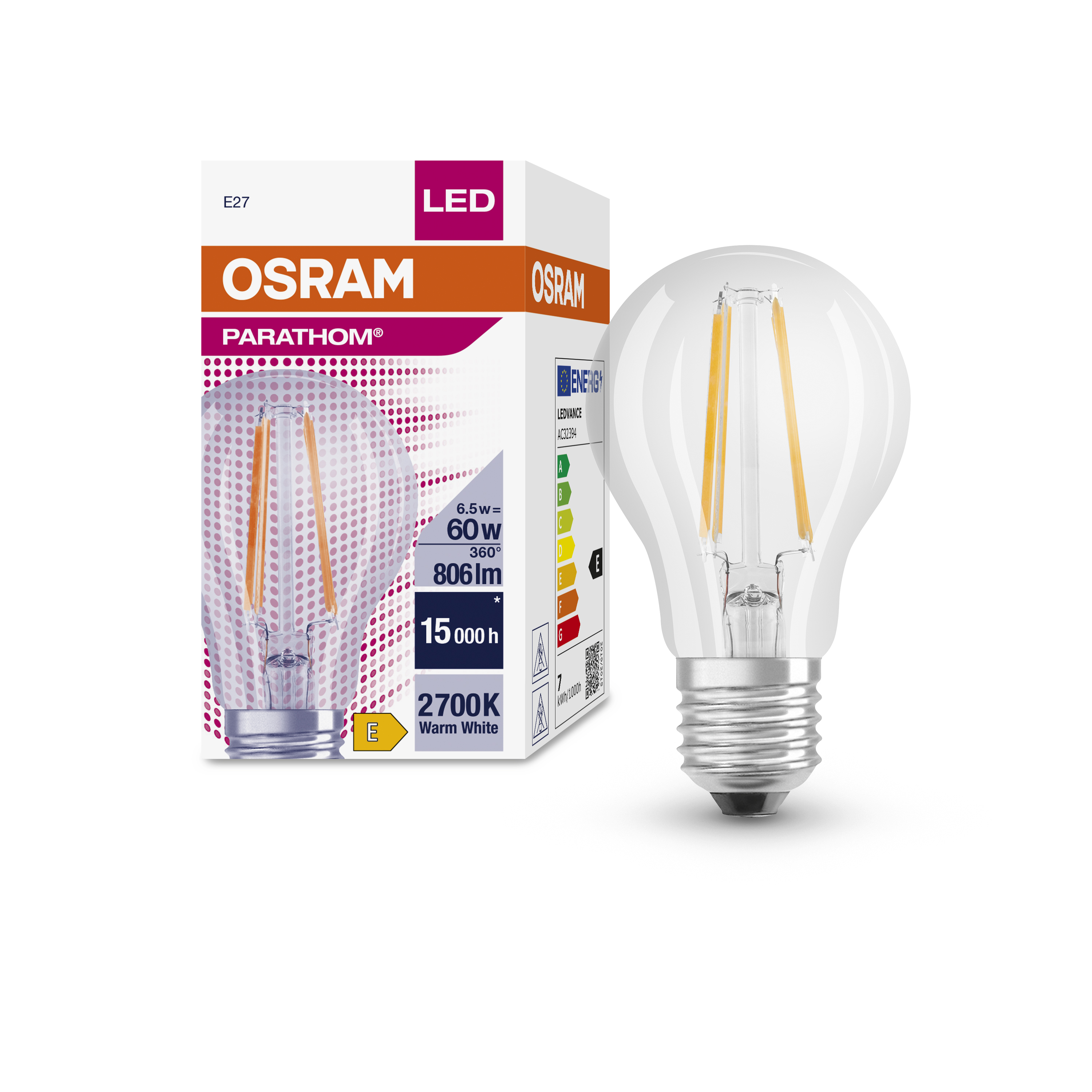 OSRAM LED VALUE FILAMENT A60 7W-60W E27 827 equivalent halogene 60w