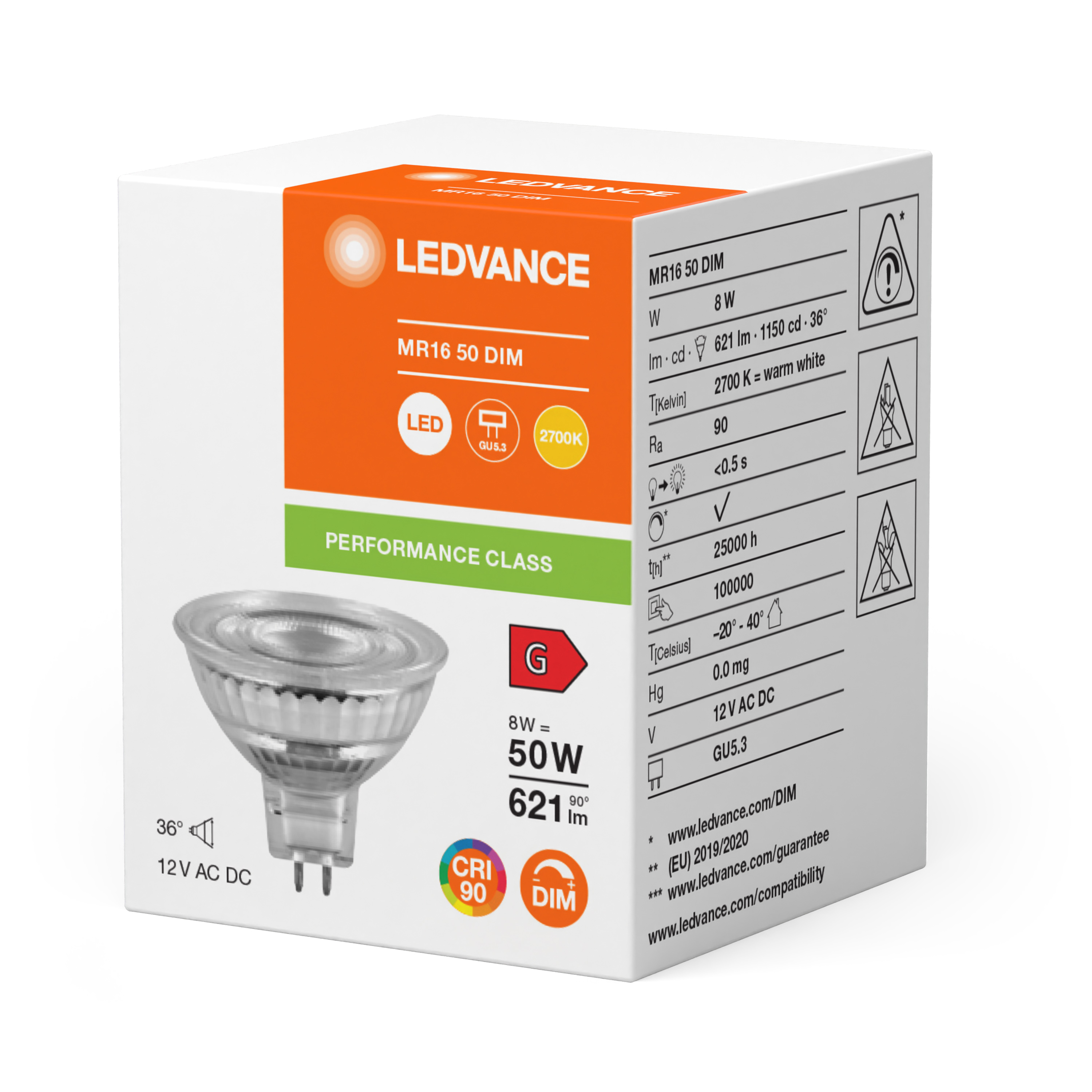 Ampoule Spot LED Ledvance/Osram GU5.3 8W 621Lm 2700K 36º IP20 Dimmable