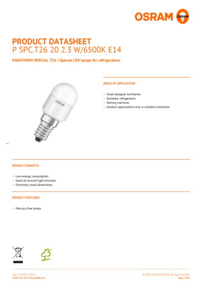 Led Star Special T26 20 2.3W-865 E14 Frigo Lampe LED.3W 865