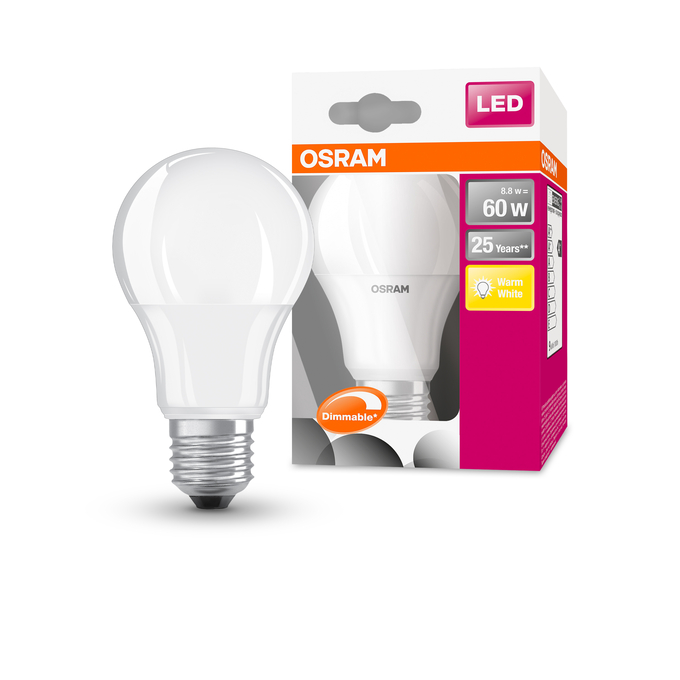 SST CLAS A 60 FR 8.8 W/2700 K E27 DIM Combo Shot = Product Beauty Shot + Packaging Image