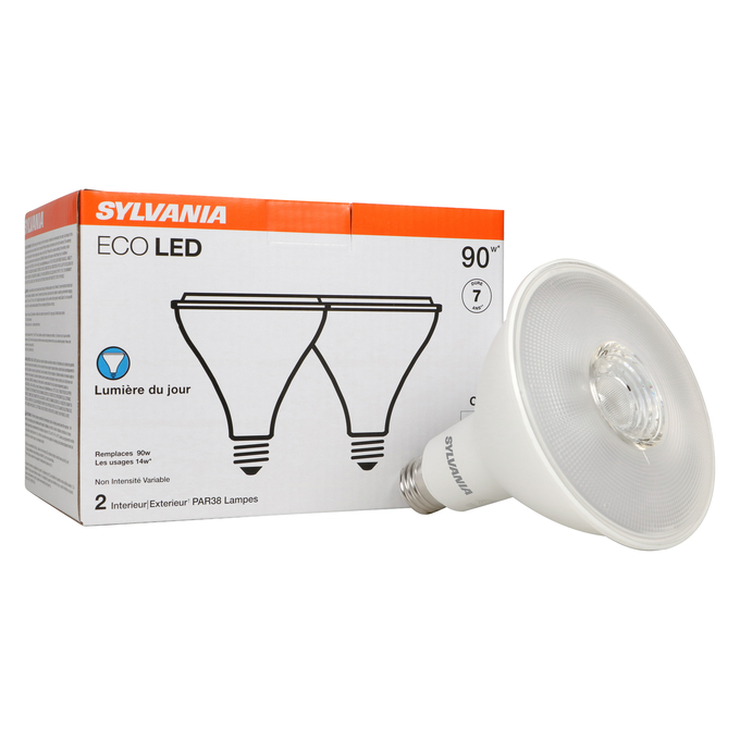 ECO LED PAR Lamps PAR38 14W 5000K FL 40 2PK Combo Shot = Product Beauty Shot + Packaging Image